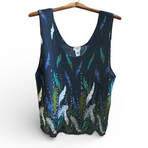 Liz Baker Navy and Green Tank Stretchy Resortwear Sleeveless Blouse Artsy Top